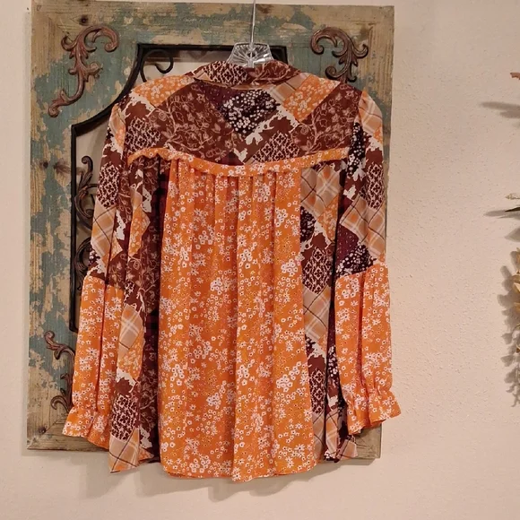 Cato Floral Patchwork Blouse in Orange and Brown. NWOT Size Large - Picture 7 of 9